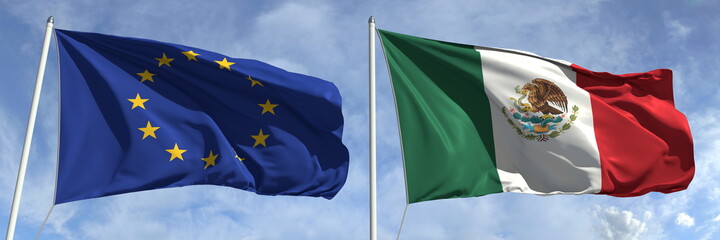 Waving flags of the European Union and Mexico on flagpoles, 3d rendering