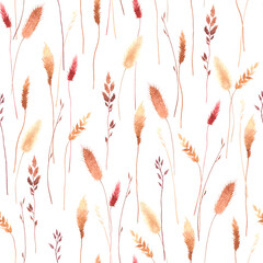 Watercolor abstract wildflowers, tender fleurs séchées, seamless floral pattern with colorful plants. Illustration on white background in vintage style. © Nikole