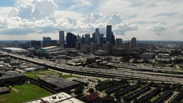 Aerial Drone Footage Of The City Of Houston Skyline With Interesting Clouds