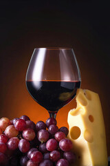 
wine cheese grapes glass on dark background1