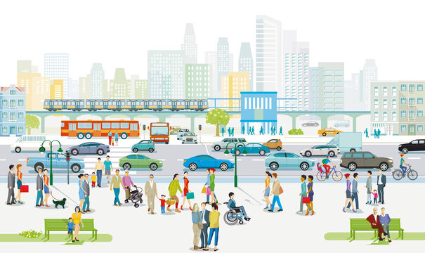 Stadtsilhouette mit Menschen auf dem Bürgersteig und Straßenverkehr,  Illustration