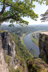Fototapeta na wymiar View from Bastei rocks to river Elbe in Saxony Switzerland. Germany