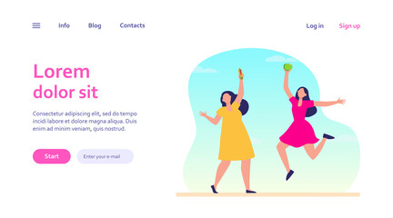 Healthy vs junk food. Fat and slim women holding hot dog and apple flat vector illustration. Healthy eating, unhealthy habit, lifestyle concept for banner, website design or landing web page