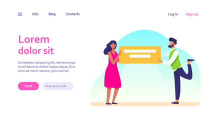 Man and woman holding banner with text. Speech bubble, announcement, info flat vector illustration. Communication and advertising concept for banner, website design or landing web page