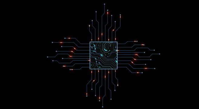 4K animation chip set cpu controller and print circuit for text or logo. Electrical signals flowing in electrical conductors. Technology cyber and futuristic concept. Space text