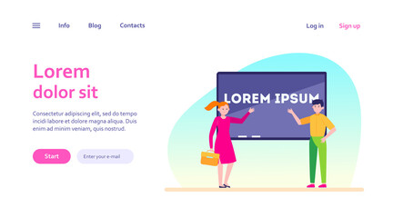 Managers presenting report. Speakers pointing hands at screen with text sample flat vector illustration. Presentation, business, conference concept for banner, website design or landing web page