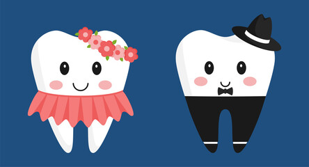 A pair of teeth characters. Cute girl in a dress and with a wrap, boy in trousers and hat. The design elements in funny cartoon style.Pediatric dentistry. Healthy teeth. Isolated on dark.