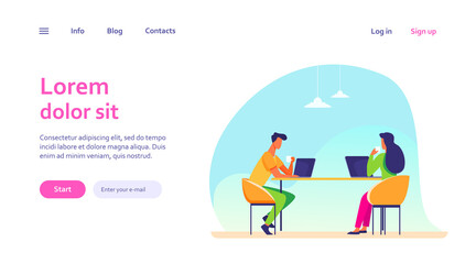 Colleagues discussing project during coffee break. People with laptops drinking coffee, talking flat vector illustration. Corporate communication concept for banner, website design or landing web page