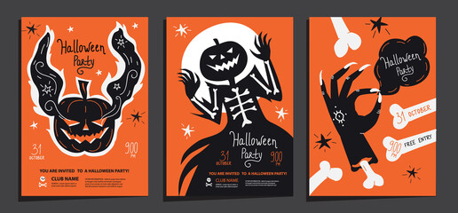 Halloween party posters invitations set of template with ghost pumpkin, haunted Jack and scary  zombie hand with bones. Vector illustration. Good for invite, poster, flyer, card, topography print