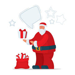 Santa Claus abstract cartoon character, speech bubble and stars. Santa Claus, sack and gift boxes. Part of set.