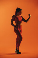 Fototapeta na wymiar Woman bodybuilder looking at her biceps