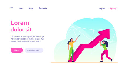 Managers resisting crisis. Woman pointing up, her colleague holding growth arrow flat vector illustration. Business, problem solving, couching concept for banner, website design or landing web page