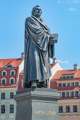 Monument of Martin Luther at  Neumarkt square in downtown of Dresden, a theologist, composer, priest, who has started Reformation in Catholic Church, Germany, details, closeup..