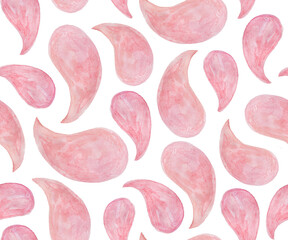 Pink watercolor paisley seamless pattern. Hand made painting illustration on white background for textile, wrapping