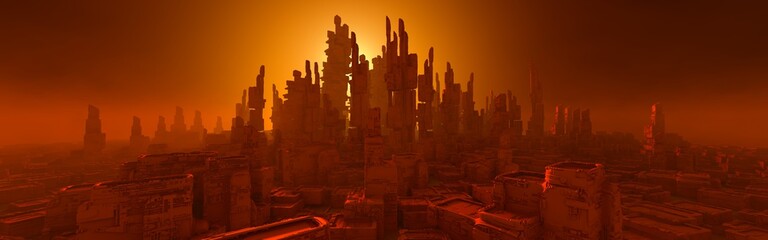 Futuristic architecture rendering. Science fiction cityscape in sunset colors. 3D rendering © CROCOTHERY