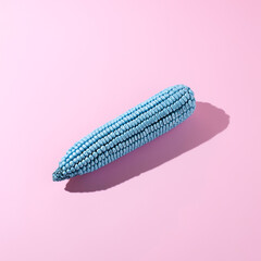 Blue cob of corn with with shadow on pastel pink background. Food creative concept. Flat lay.