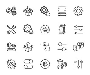 Vector set of setup line icons. Contains icons settings, installation, maintenance, update, download, configuration, options, restore settings and more. Pixel perfect. - obrazy, fototapety, plakaty