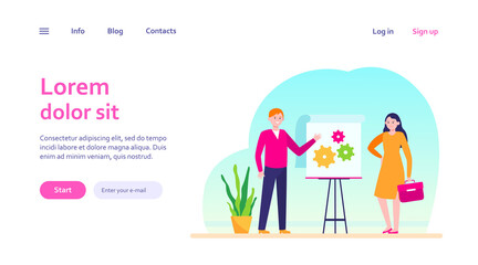 Manager presenting technical solution. Speaker pointing hands at gears on flipchart flat vector illustration. Presentation, engineering concept for banner, website design or landing web page