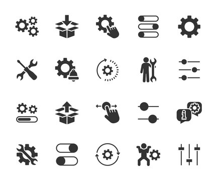 Vector set of setup flat icons. Contains icons settings, installation, maintenance, update, download, configuration, options, restore settings and more. Pixel perfect.