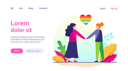 Lesbian couple with rainbow heart. Happy women holding hands flat vector illustration. Homosexuality, LGBT, gay pride parade concept for banner, website design or landing web page