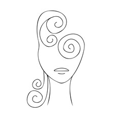 An abstract black outline of a girl's face with curled hair in the form of spirals. Vector illustration for logo, fashion industry and beauty salons..