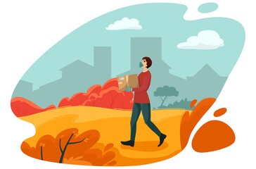 A courier in a medical mask and gloves delivers a box. Delivery of parcels during the period of coronavirus infection. 
Autumn city landscape. Stylized cartoon illustration