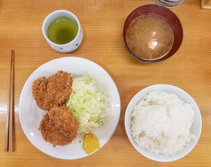 Japanese style katsu with rice , Miso Soup and Green tea