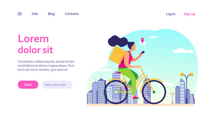 Courier riding bike and checking address on phone. Woman delivering order, using cell with map flat vector illustration. Delivery service concept for banner, website design or landing web page