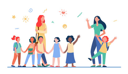 Classmates meeting at school. Mom leading son, group of school children with teacher flat vector illustration. Childhood, back to school concept for banner, website design or landing web page