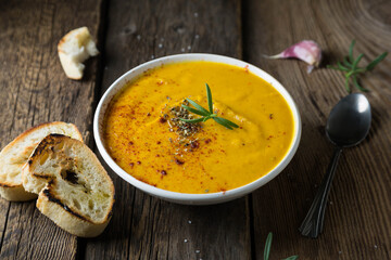 Hot pumpkin soup with croutons