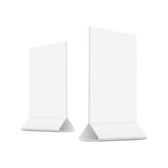 Plastic table menu stand, card display, upright ad photo frame, promo sign holder, isolated on white background. Vector illustration