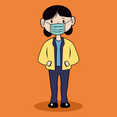 young woman stands using a face mask to stop the spread of the corona virus, new normal concept, vector illustration.