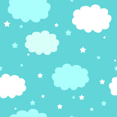 Clouds and stars on a blue background. Seamless vector illustration. Wallpaper for kids.