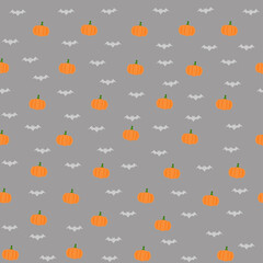 Happy Halloween seamless pattern.Orange pumpkins and bats on a grey background.Vector illustration. Flat design.