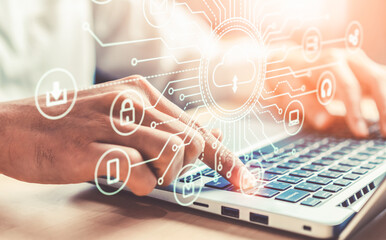 Cloud computing technology and online data storage for global data sharing. Computer connects to...