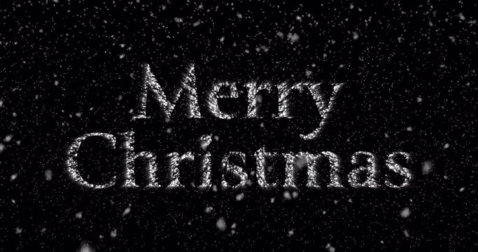 Merry Christmas glowing text appearing on background of falling snowflakes