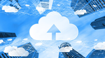 Cloud computing technology and online data storage for global data sharing. Computer connects to...