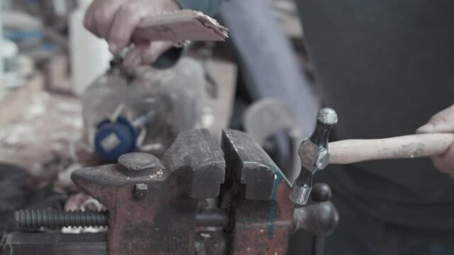 Copper riveting hammering with ball pein hammer