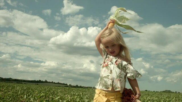 Little girl pretends to be maize in the middle of the field.