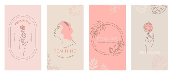 Linear abstract feminine logo emblems set, hands in different gestures, woman silhouette for cosmetic packaging beauty product branding, social media stories abstract modern background in pastel color