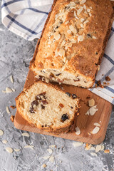 Fresh and delicious raisin bread on light background