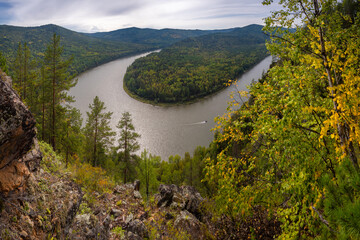View from the cliff to the loop of the Irkut River