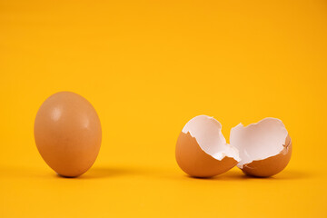 eggs and egg yolk on the yellow background.