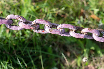 Rusty old chain painted pink. Aged heavy chain on blurry grass background.