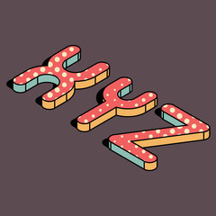9/9 alphabet set, letters XYZ vintage retro 3d with polka dot, yellow, orange, red and green colors, shadowed upper case capitals 
