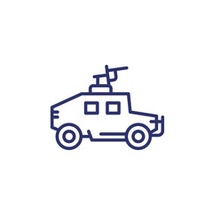military vehicle line icon on white