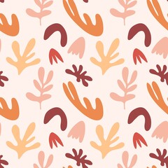 Seamless pattern with branches  of  leaves, shapes, flowers isolated on white background. Silhouette vector illustration. Design for  textile, wrapping, backdrop, banner