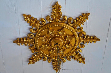 Golden rosette for a chandelier on the ceiling, Sao Joao del Rei, Brazil 