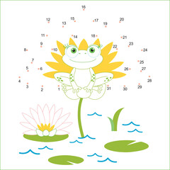 Funny frog on a water lily flower. Coloring book for children, dot to dot mini-game.
