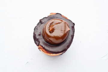 Stuffed ricotta cake, white background, overhead, Spain
